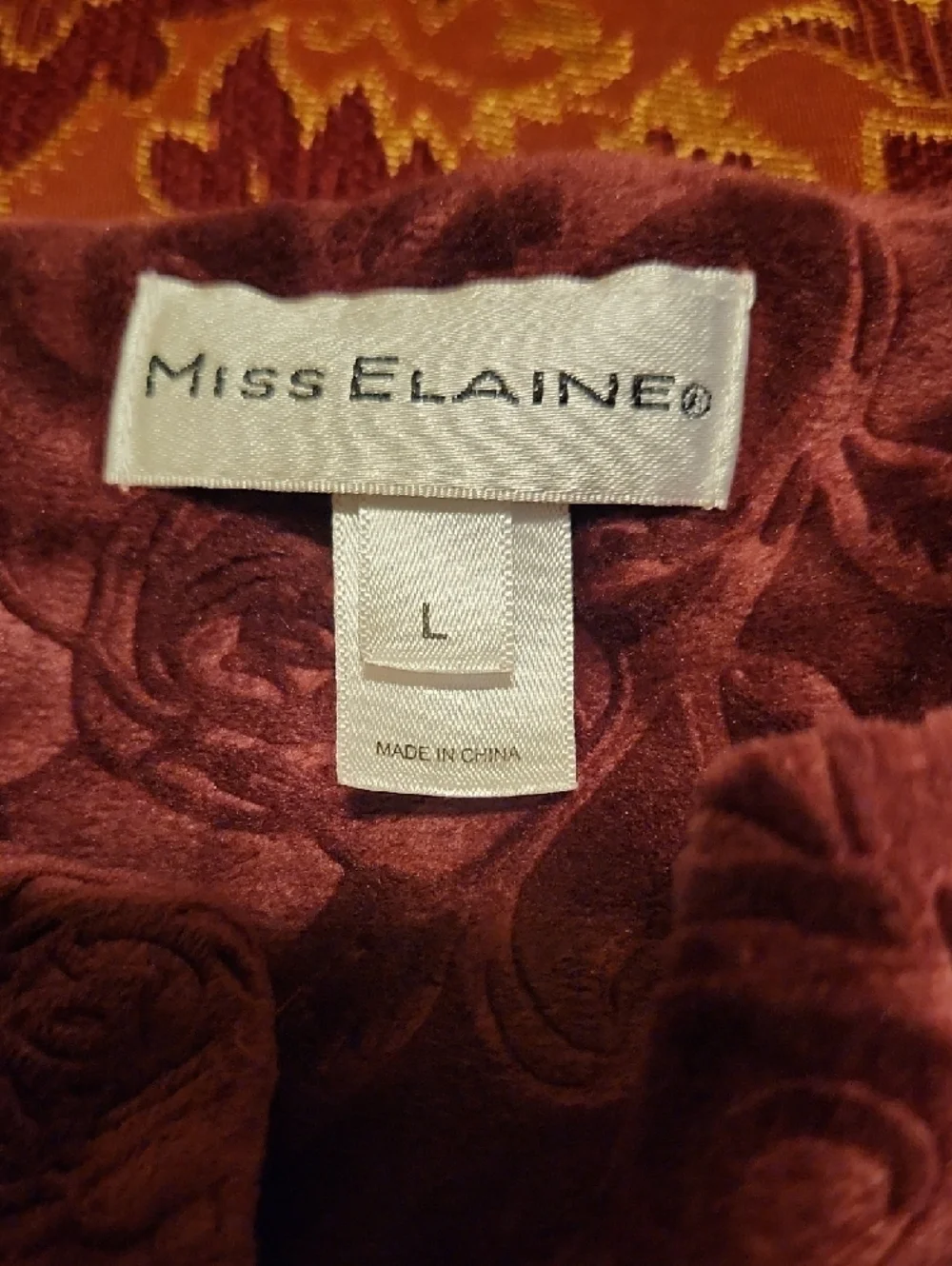 Miss Elaine Plush Embossed Velvet Robe, Burgundy, Full Zip, Large, Like New - Picture 2 of 12